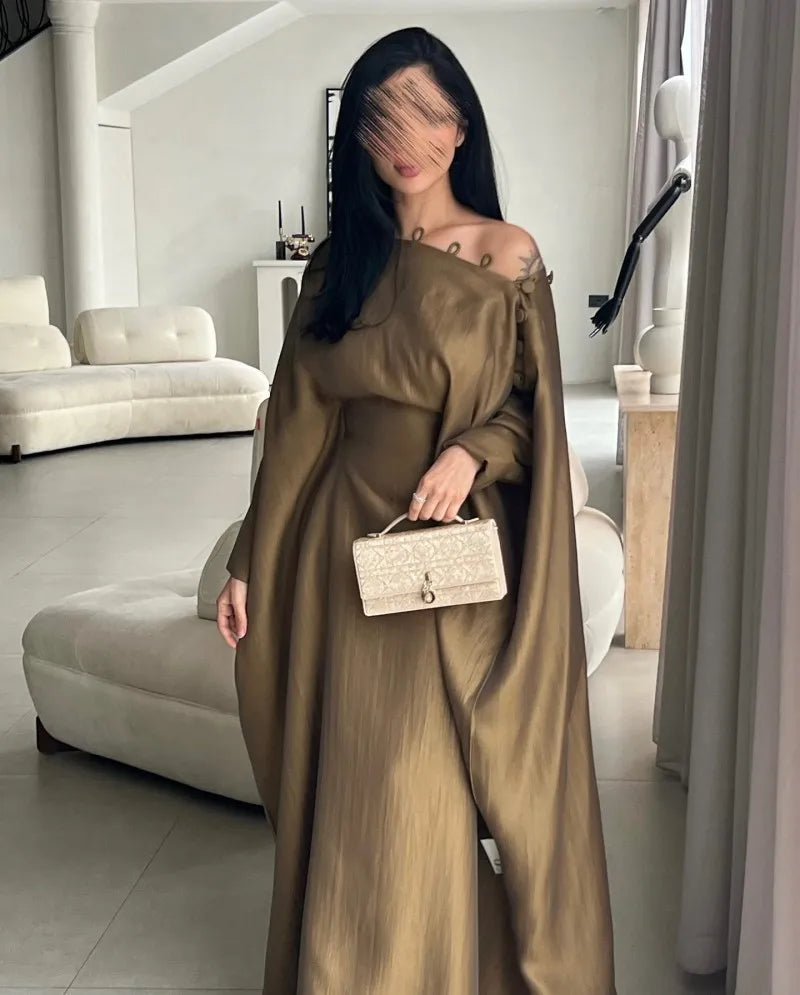 Luxury Satin Off-Shoulder Maxi Dress – Elegant Evening & Wedding Guest Gown