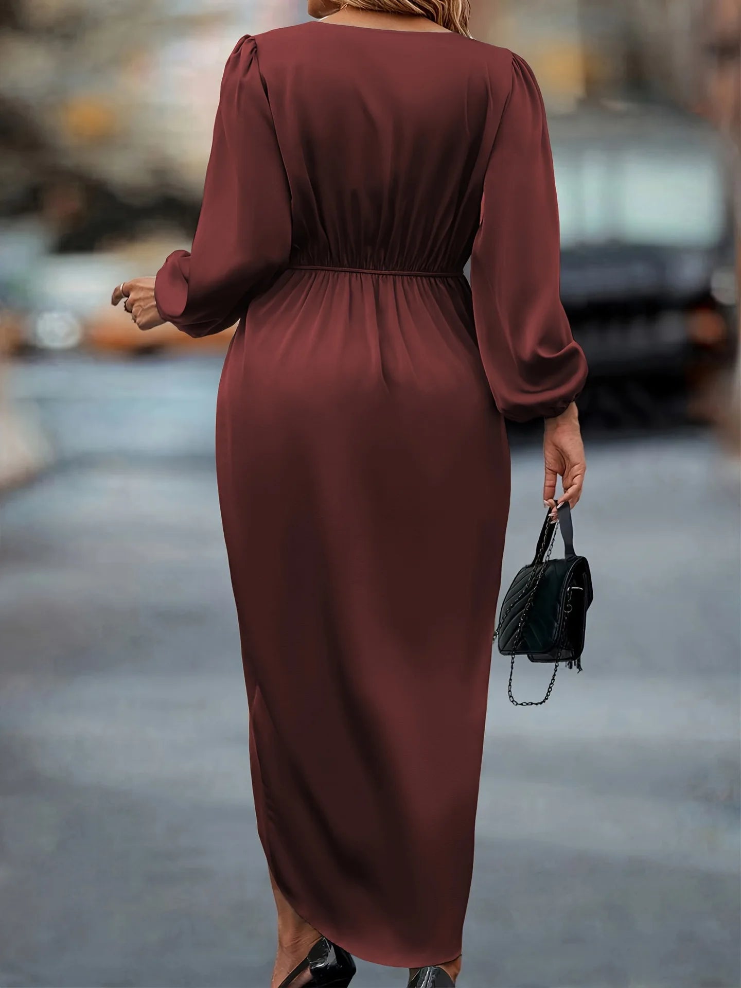 Elegant Satin Midi Dress – Long Sleeve V-Neck Office & Evening Dress