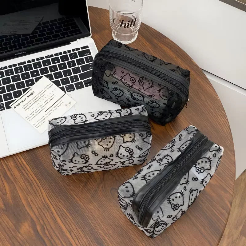 Black Mesh Cute Makeup Bag Portable Cosmetic Pouch Large Capacity Travel Toiletry Organizer