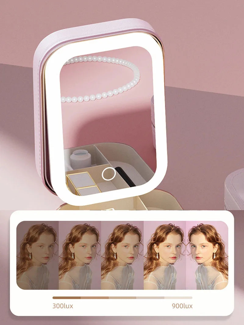 LED Makeup Bag With Mirror For Women Portable Cosmetic Storage Bag Small Lipstick Brush Wireless Makeup Box With Light