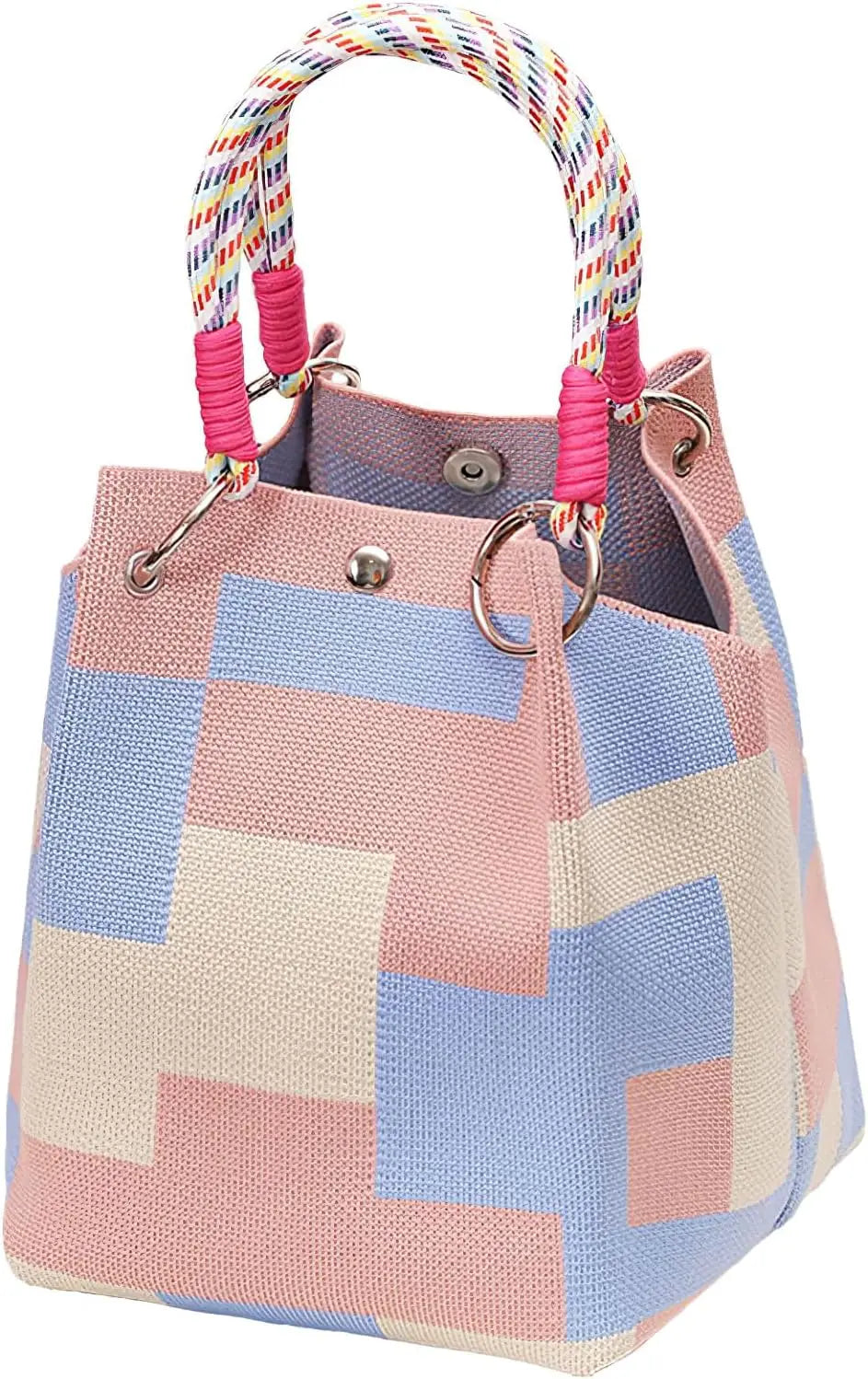 Mini Knitted Bucket Bag Women Small Handbag Geometric Colorblock Wristlet Purse With Detachable Handle