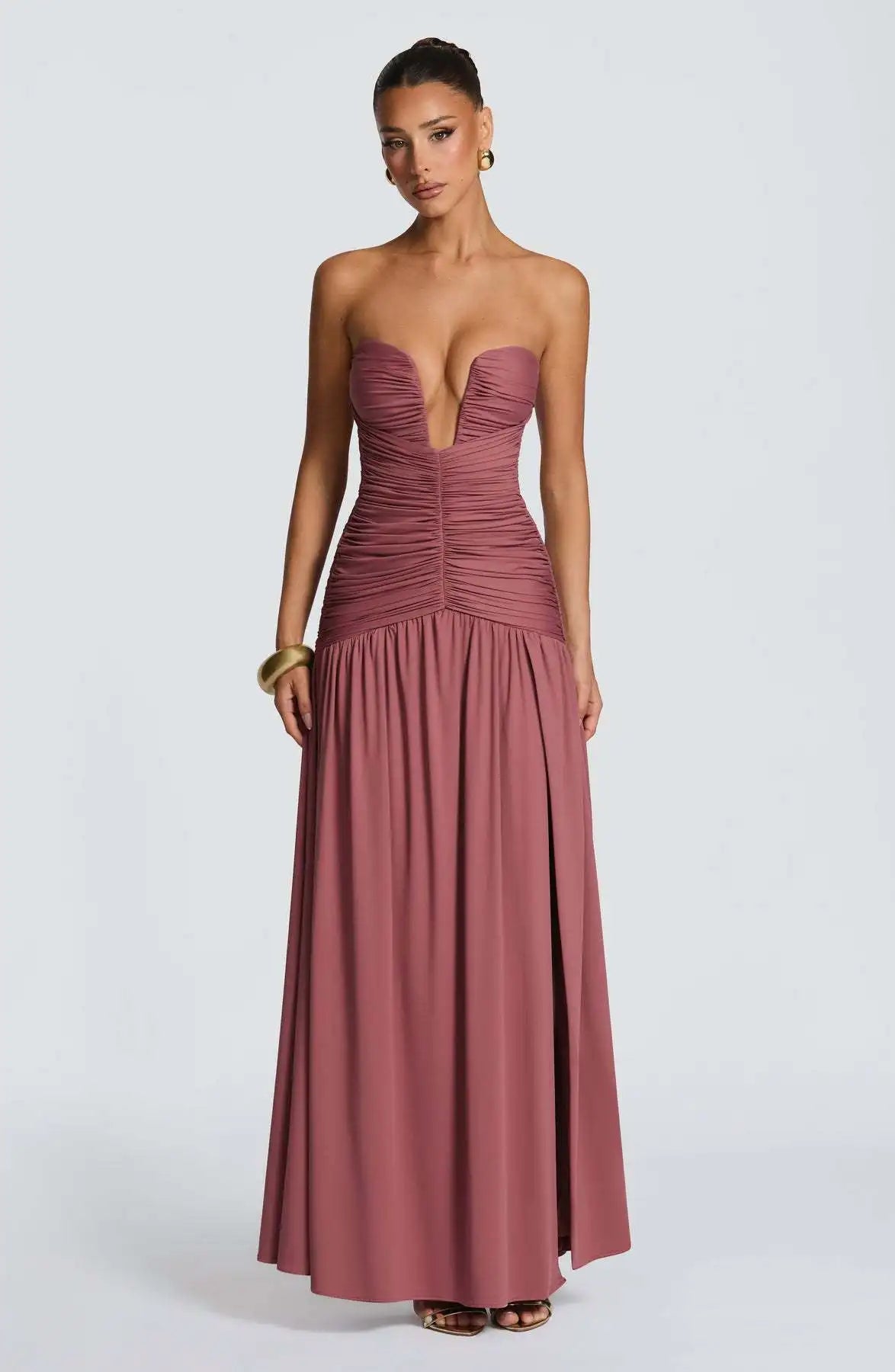 Ruched Plunge Maxi Dress – Strapless Gown