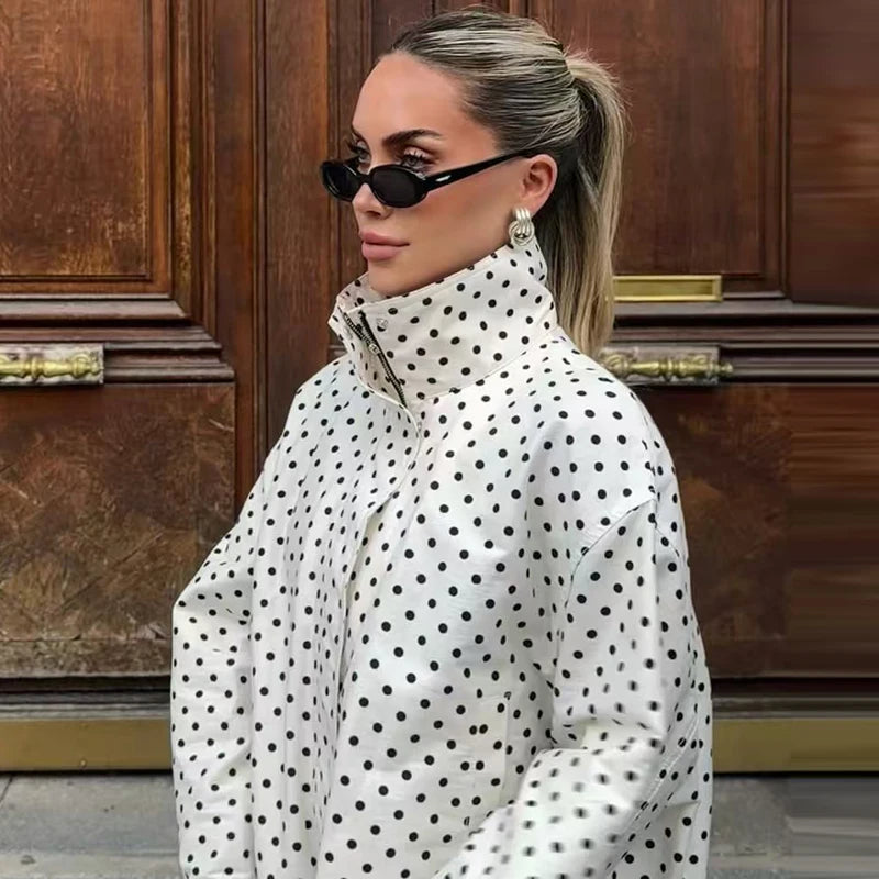 Polka Dot Bomber Jacket – Oversized Zip-Up Crop Coat