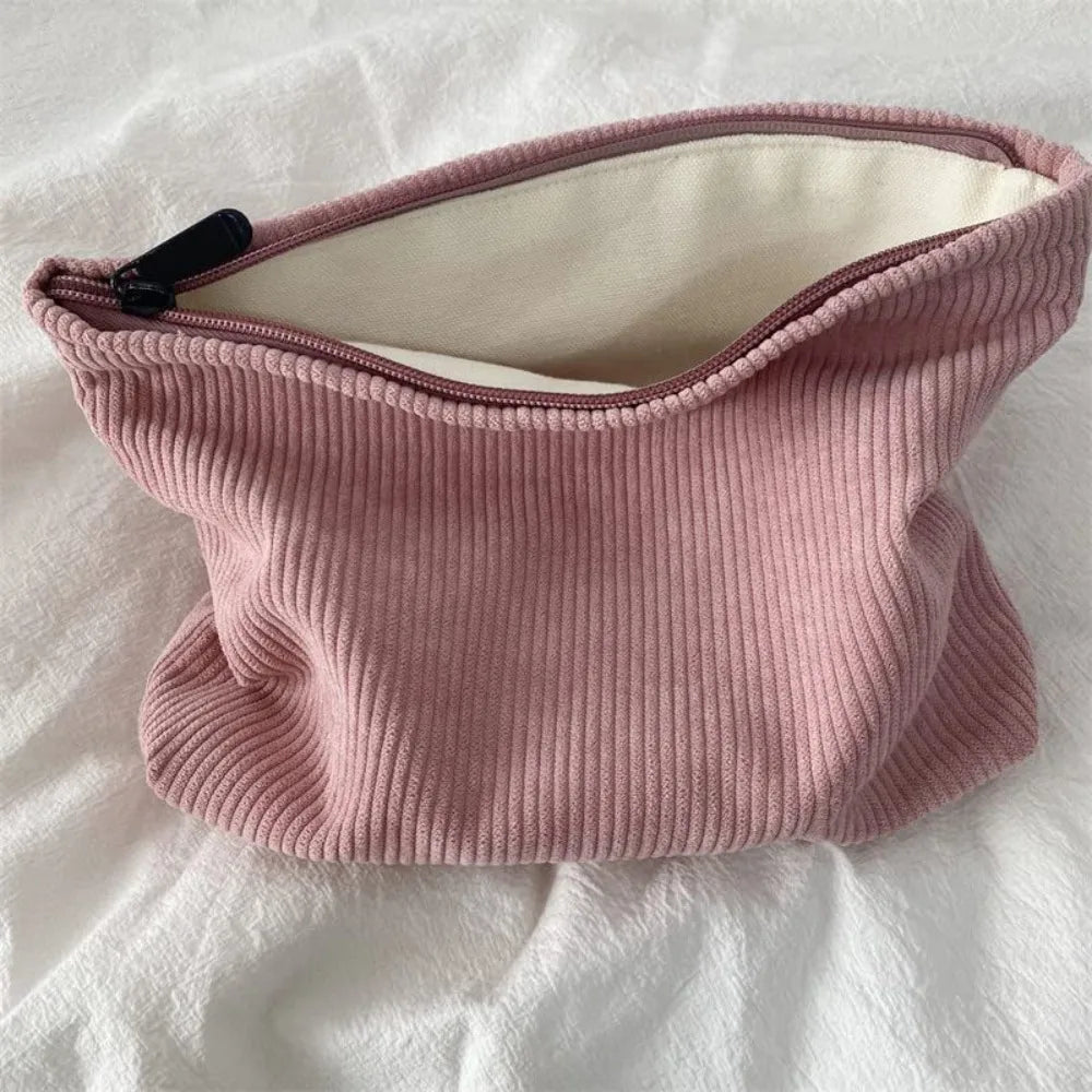 Makeup Bag Large Zipper Corduroy Make Up Pouch for Purse Travel Canvas Cosmetic Organizer for Women Brush Storage Clutch