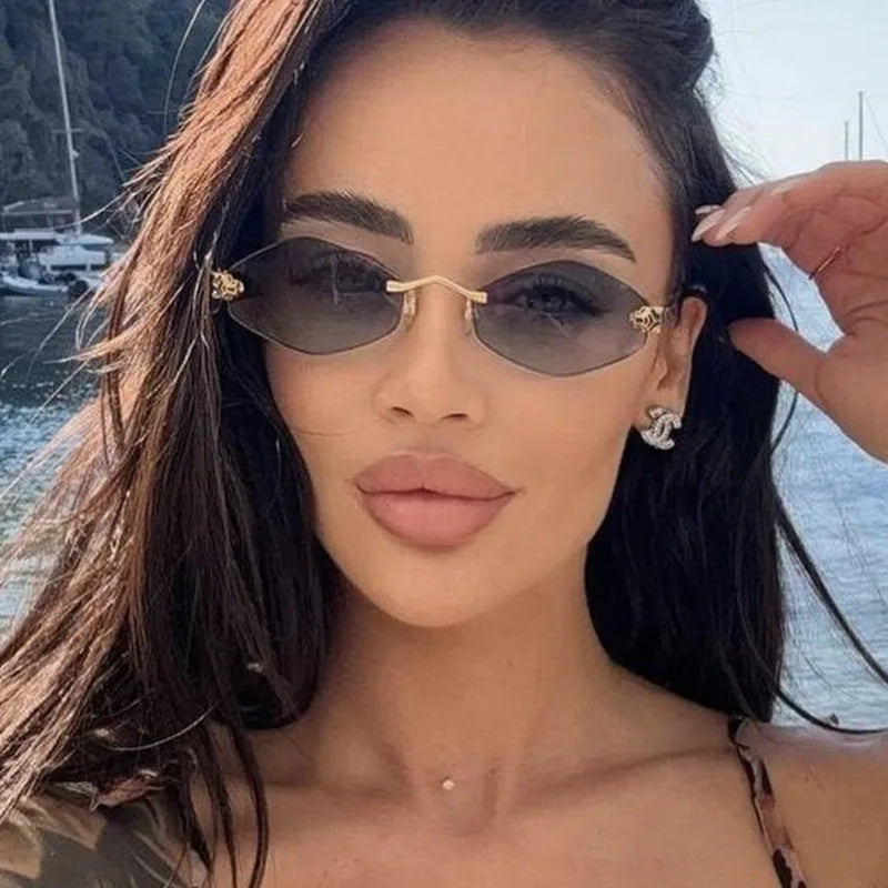 Luxury Polygon Sunglasses for Women Hipster Irregular Rimless Sunglasses Ladies Small Metal Frame Vintage Rhombus Eyewear Brown