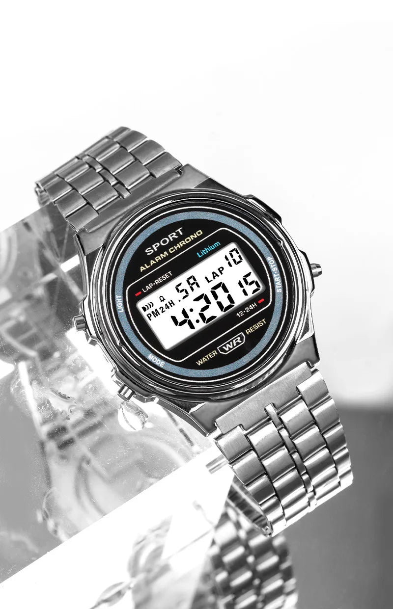 Women Casual LED Electronic Watch Retro Stainless Steel Strap Ladies LED Digital Watch Multifunction Sports Wristwatch Clock
