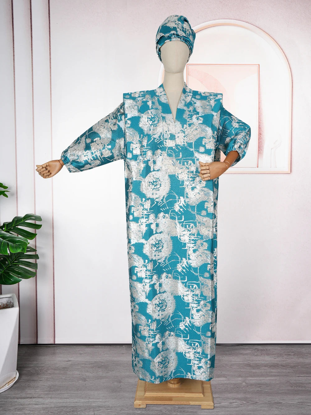 African Kaftan Maxi Dress – Dashiki Ankara Gown with Headscarf