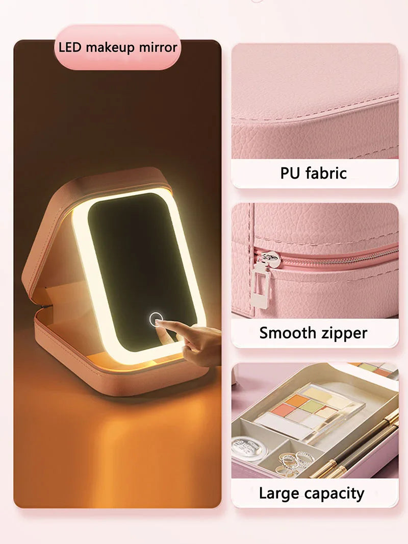 LED Makeup Bag With Mirror For Women Portable Cosmetic Storage Bag Small Lipstick Brush Wireless Makeup Box With Light