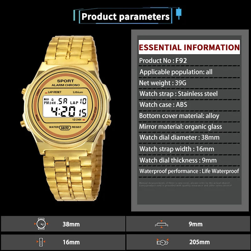 Women Casual LED Electronic Watch Retro Stainless Steel Strap Ladies LED Digital Watch Multifunction Sports Wristwatch Clock
