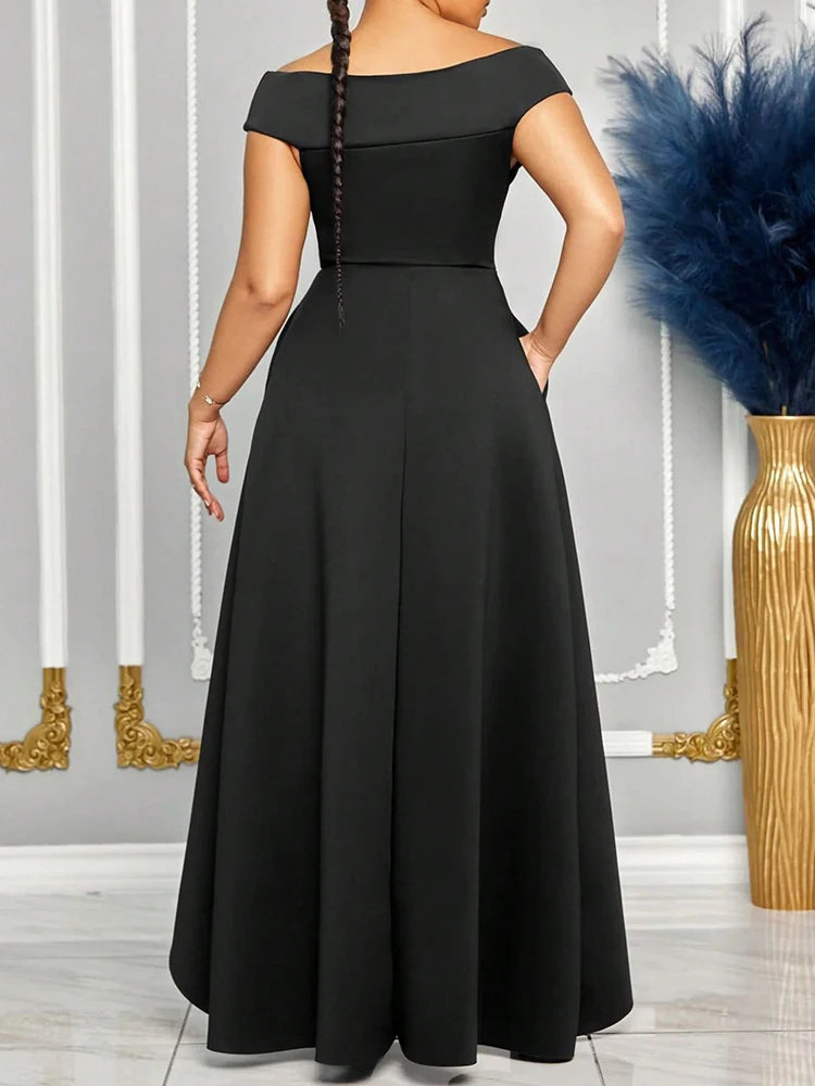 Off-Shoulder Maxi Evening Dress – Elegant Floor-Length Bridesmaid Gown