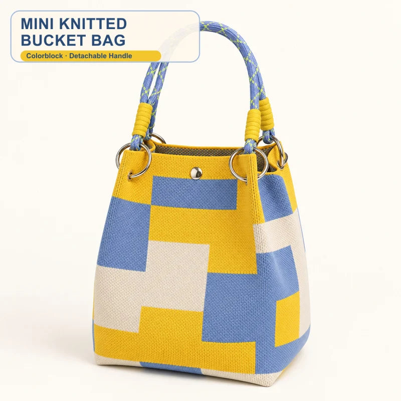 Mini Knitted Bucket Bag Women Small Handbag Geometric Colorblock Wristlet Purse With Detachable Handle
