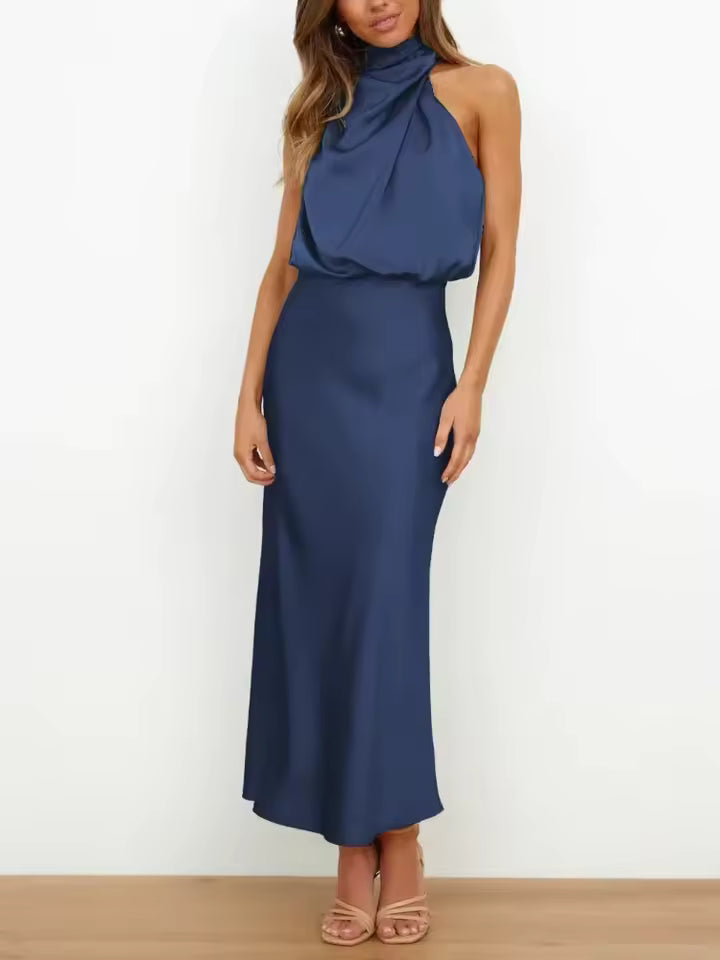 Halter High Neck Draped Satin Midi Dress – Blouson Elegance