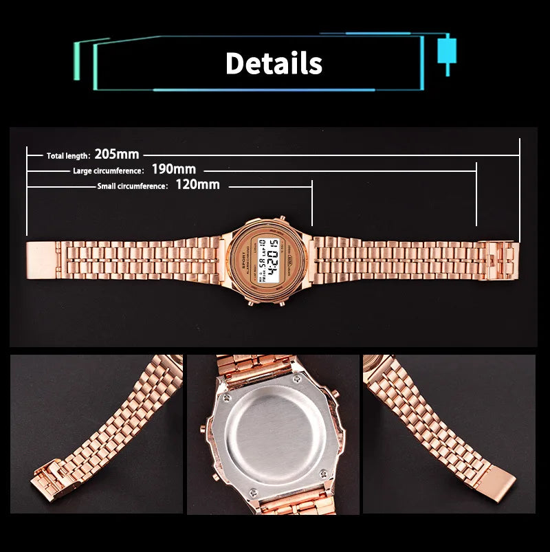 Women Casual LED Electronic Watch Retro Stainless Steel Strap Ladies LED Digital Watch Multifunction Sports Wristwatch Clock