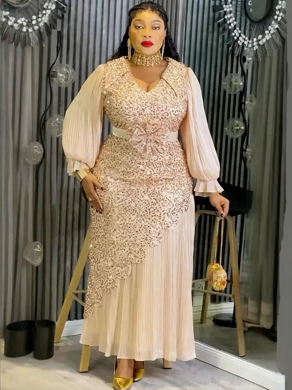 Luxury African Sequin Maxi Dress – Elegant Plus Size Evening & Party Gown