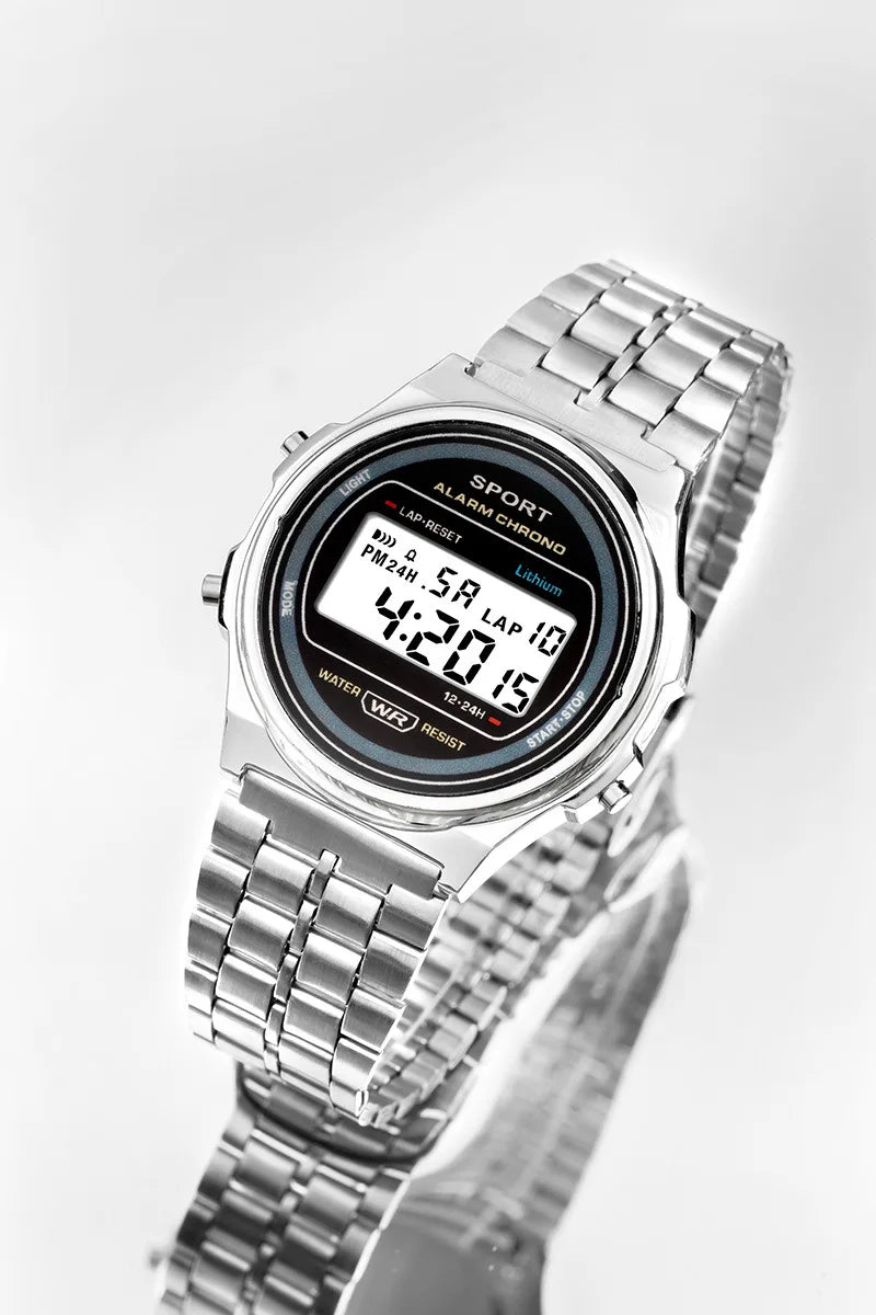 Women Casual LED Electronic Watch Retro Stainless Steel Strap Ladies LED Digital Watch Multifunction Sports Wristwatch Clock