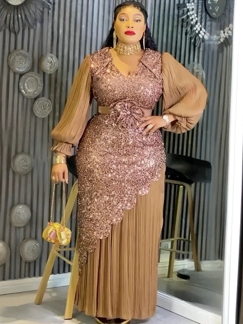 Luxury African Sequin Maxi Dress – Elegant Plus Size Evening & Party Gown