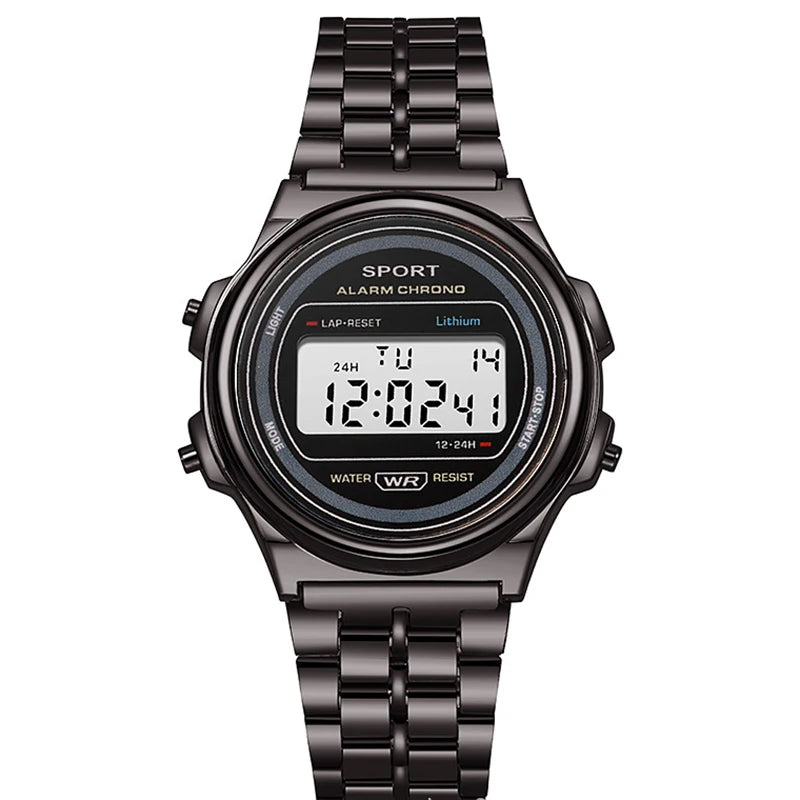 Women Casual LED Electronic Watch Retro Stainless Steel Strap Ladies LED Digital Watch Multifunction Sports Wristwatch Clock