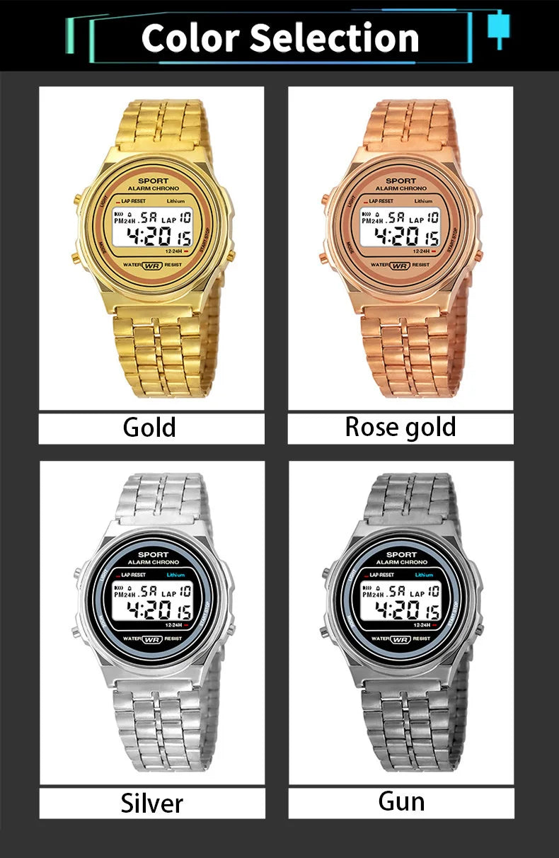 Women Casual LED Electronic Watch Retro Stainless Steel Strap Ladies LED Digital Watch Multifunction Sports Wristwatch Clock