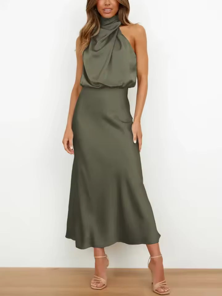 Halter High Neck Draped Satin Midi Dress – Blouson Elegance