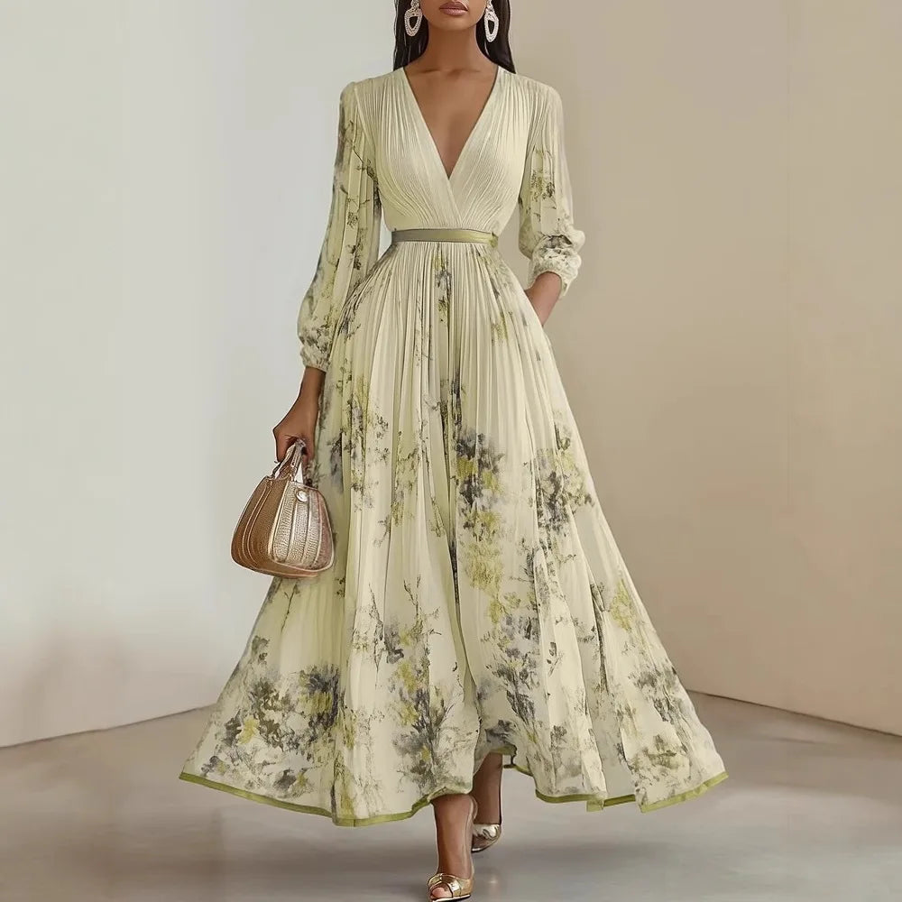 Robe Maxi Florale Manches Longues – Col V Élégant | Été 2025