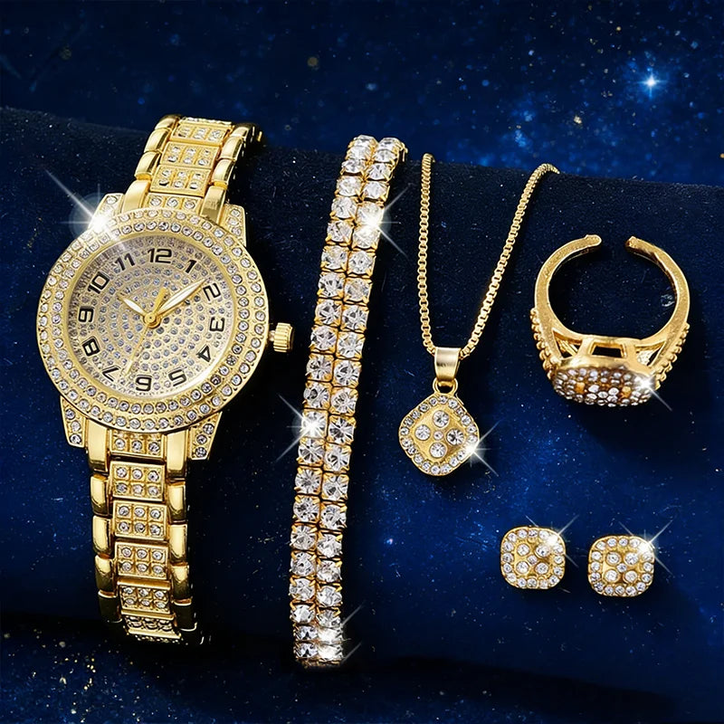 Luxury Women Gold Watch Fashion Ladies Quartz Diamond Wristwatch Elegant Female Bracelet Watches Set Reloj Mujer