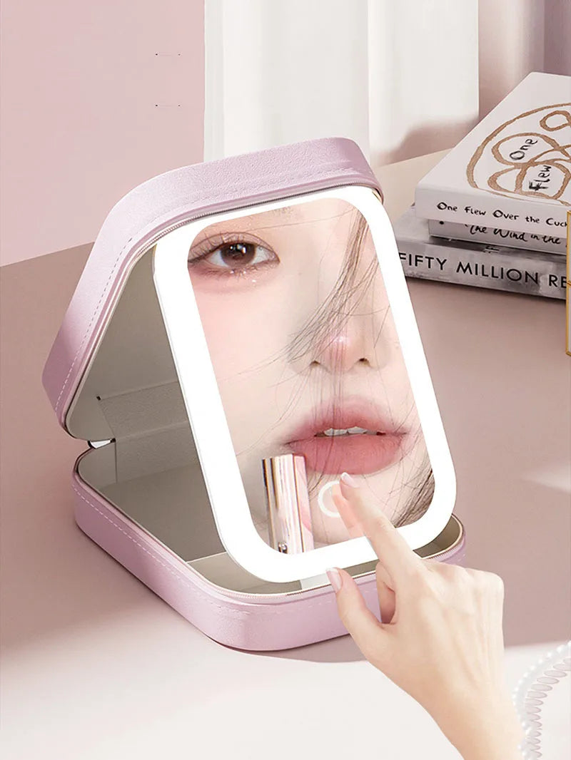 LED Makeup Bag With Mirror For Women Portable Cosmetic Storage Bag Small Lipstick Brush Wireless Makeup Box With Light