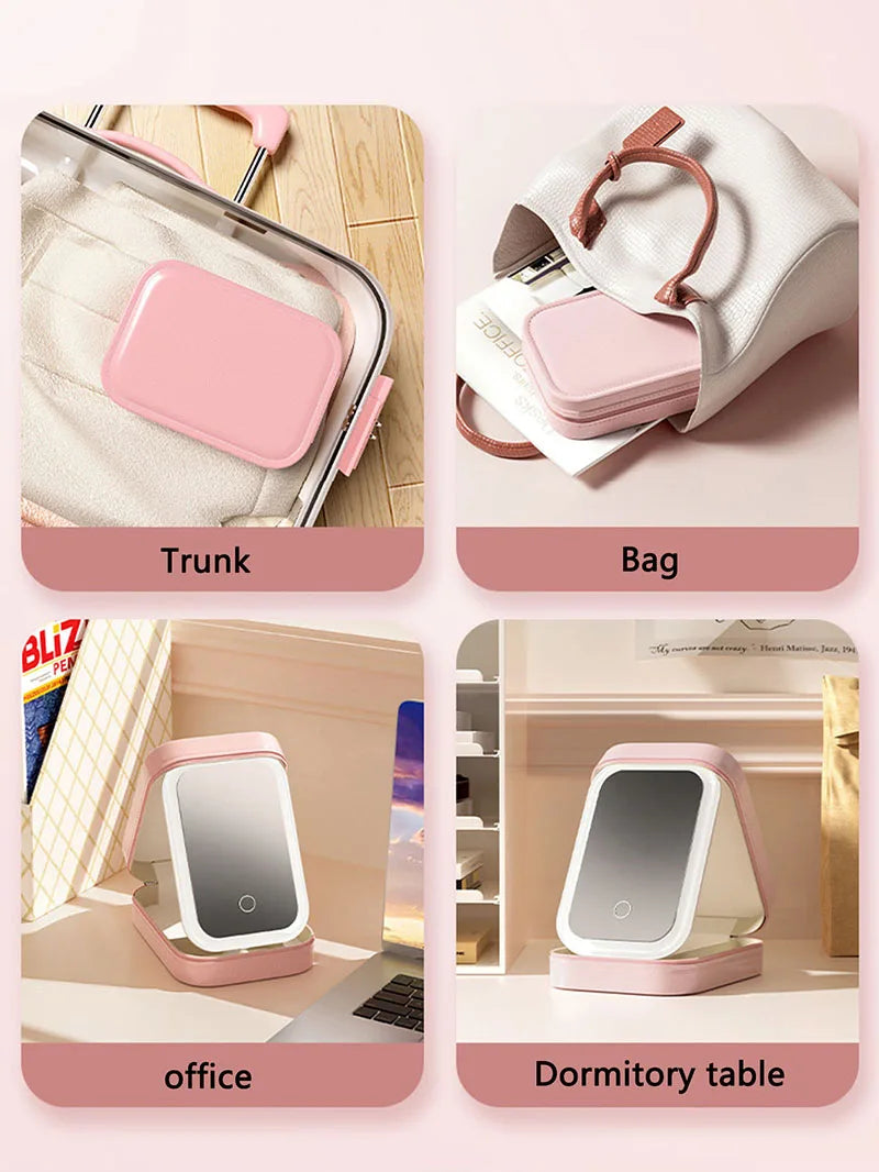 LED Makeup Bag With Mirror For Women Portable Cosmetic Storage Bag Small Lipstick Brush Wireless Makeup Box With Light