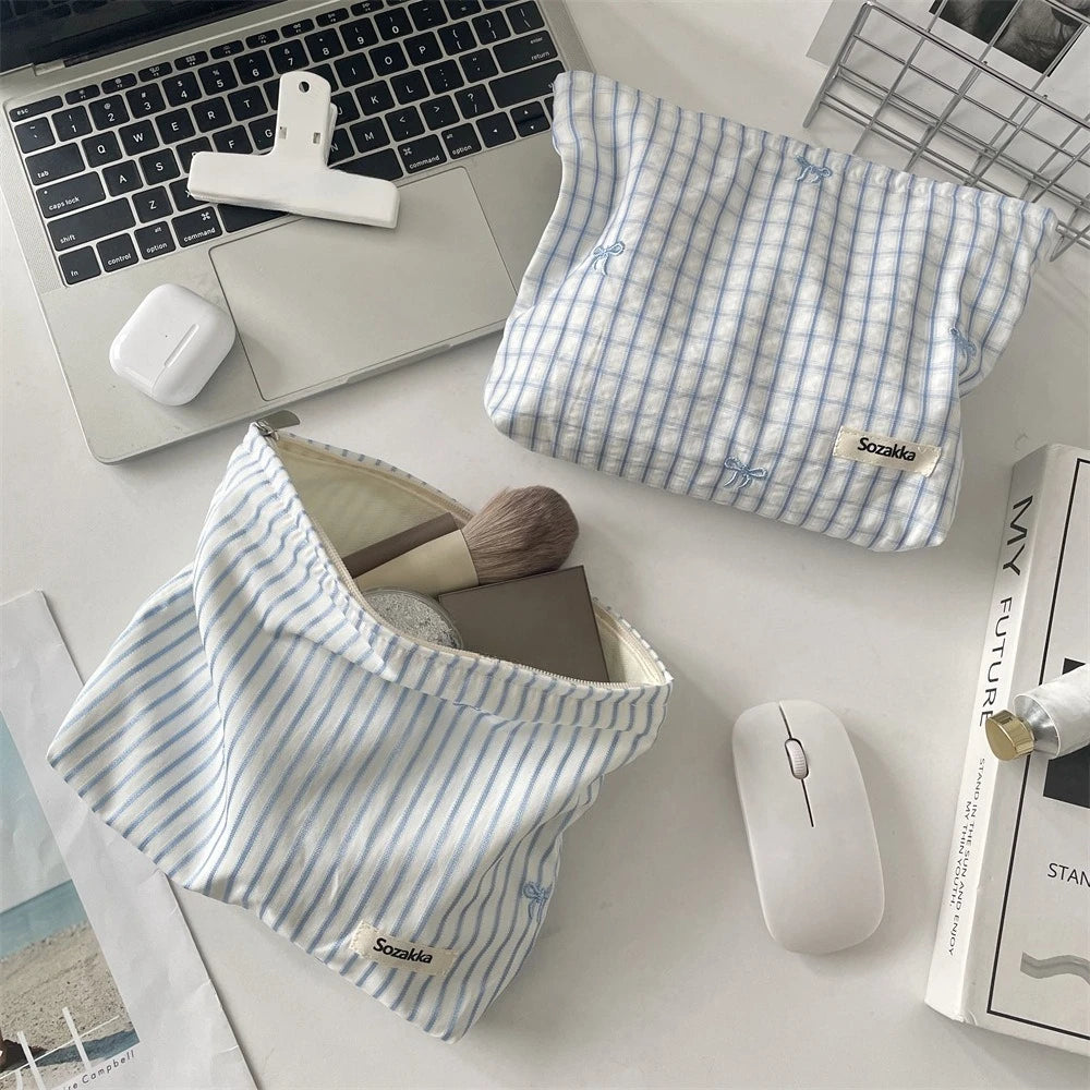Striped Plaid Embroidered Makeup Bag Women Cosmetic Bag Portable Zipper Makeup Travel Organizer Female Toiletry Storage Pouch