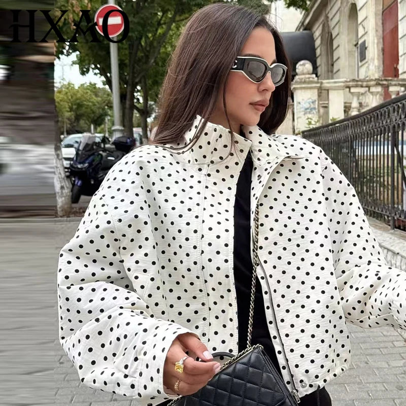 Polka Dot Bomber Jacket – Oversized Zip-Up Crop Coat