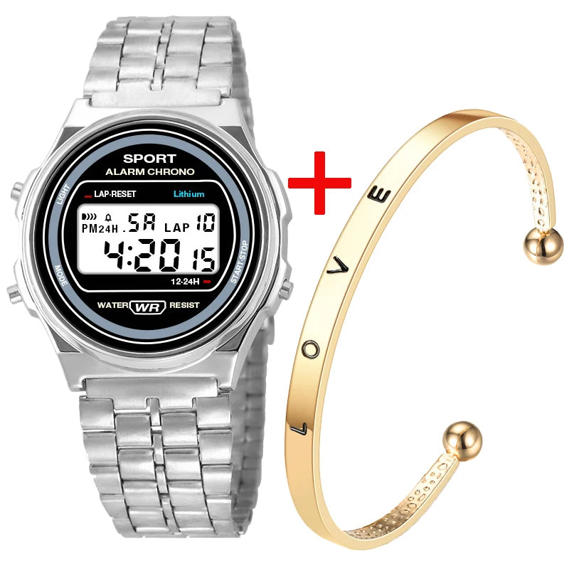 Women Casual LED Electronic Watch Retro Stainless Steel Strap Ladies LED Digital Watch Multifunction Sports Wristwatch Clock
