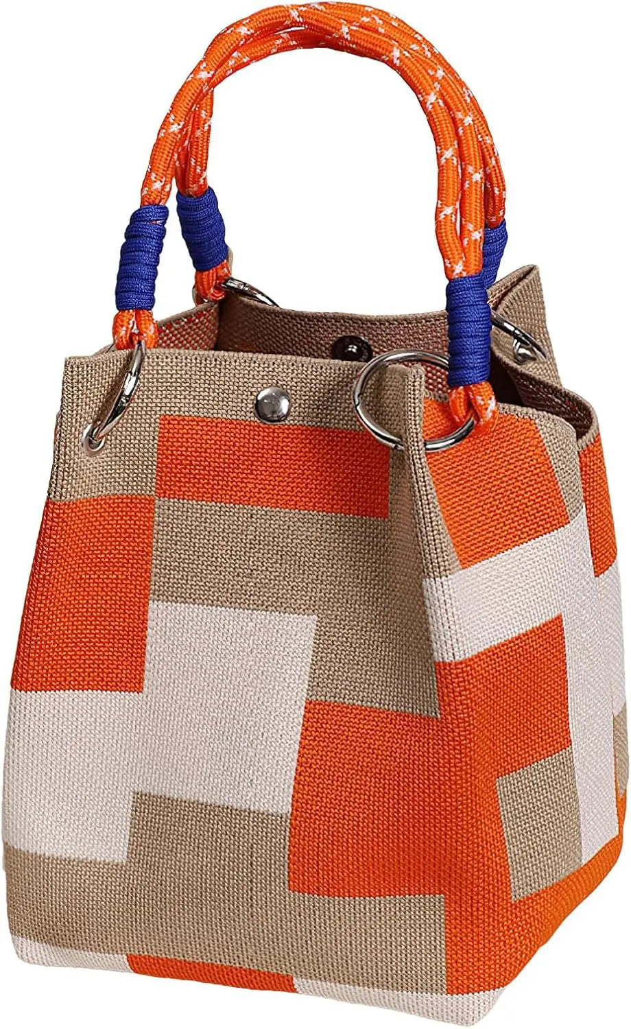 Mini Knitted Bucket Bag Women Small Handbag Geometric Colorblock Wristlet Purse With Detachable Handle