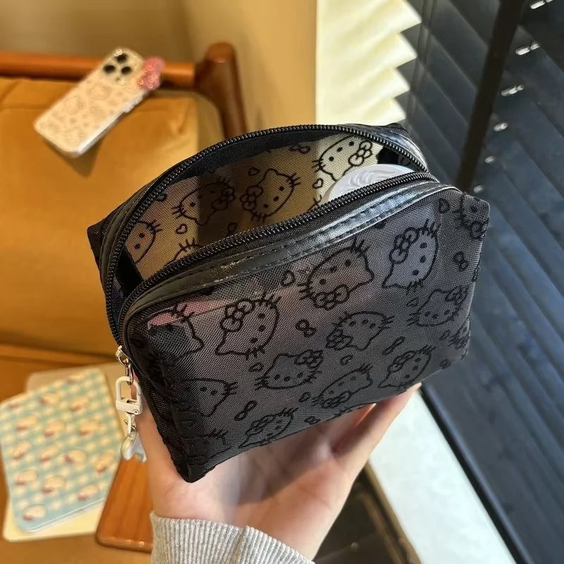 Black Mesh Cute Makeup Bag Portable Cosmetic Pouch Large Capacity Travel Toiletry Organizer