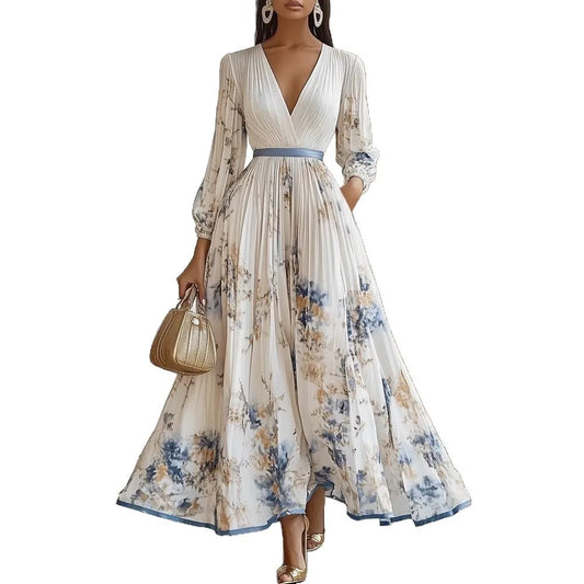 Robe Maxi Florale Manches Longues – Col V Élégant | Été 2025
