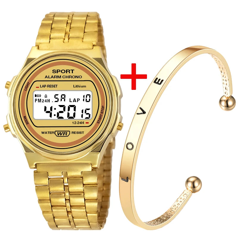 Women Casual LED Electronic Watch Retro Stainless Steel Strap Ladies LED Digital Watch Multifunction Sports Wristwatch Clock