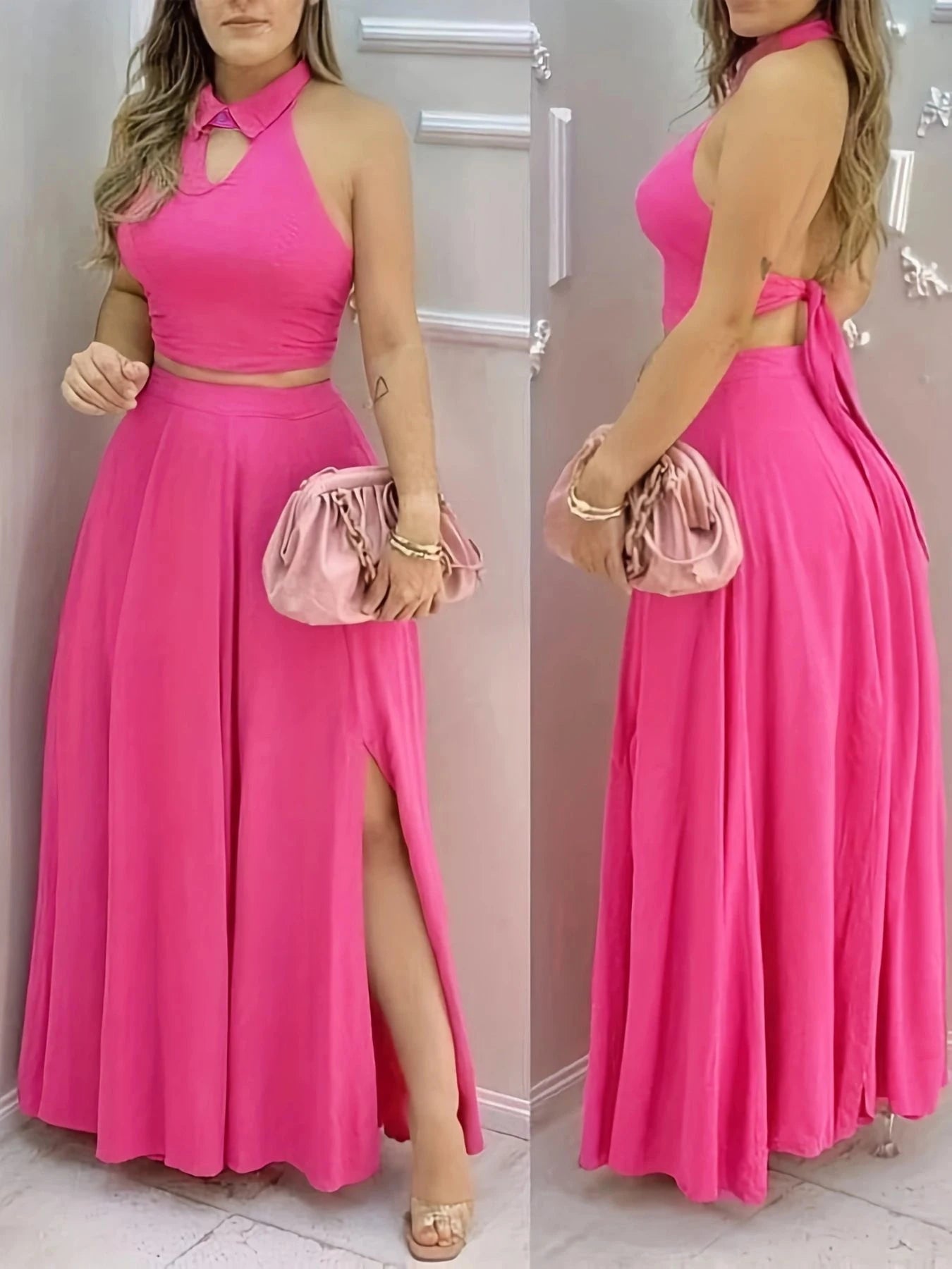 Pink Halter Crop Top & Split Maxi Skirt Set – Boho Evening 2-Piece
