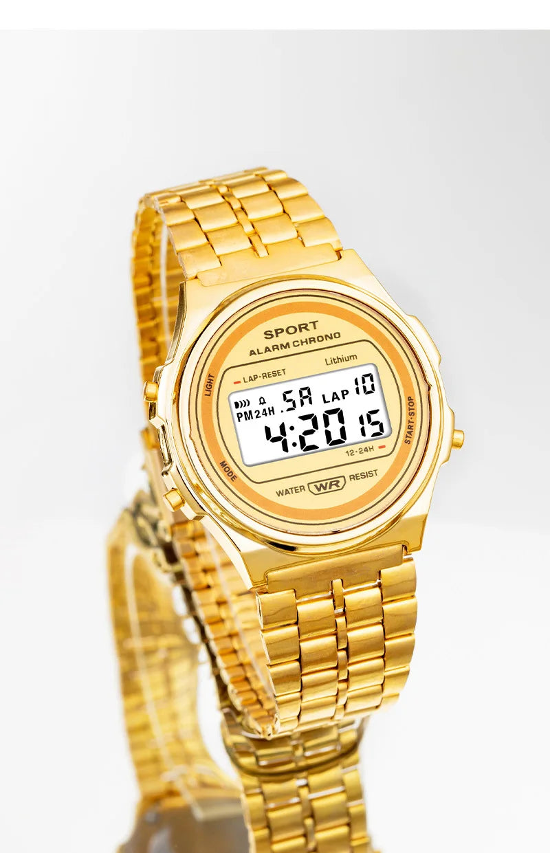 Women Casual LED Electronic Watch Retro Stainless Steel Strap Ladies LED Digital Watch Multifunction Sports Wristwatch Clock