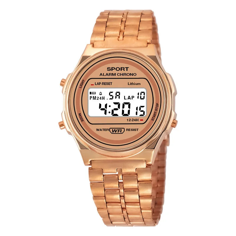Women Casual LED Electronic Watch Retro Stainless Steel Strap Ladies LED Digital Watch Multifunction Sports Wristwatch Clock