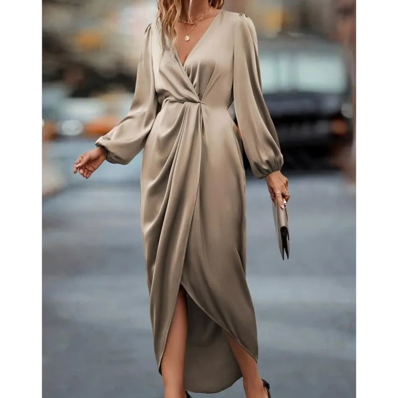 Elegant Satin Midi Dress – Long Sleeve V-Neck Office & Evening Dress