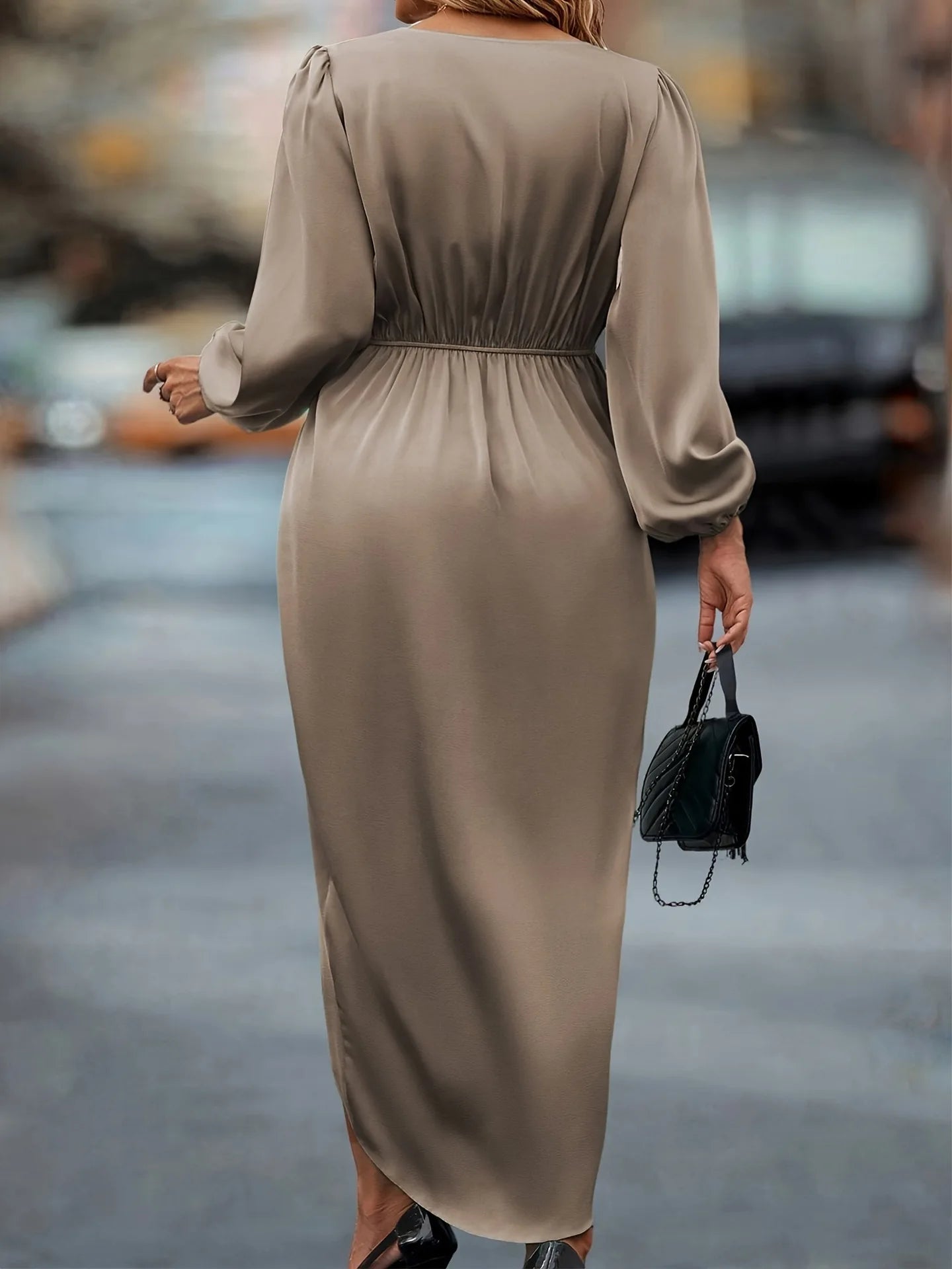Elegant Satin Midi Dress – Long Sleeve V-Neck Office & Evening Dress