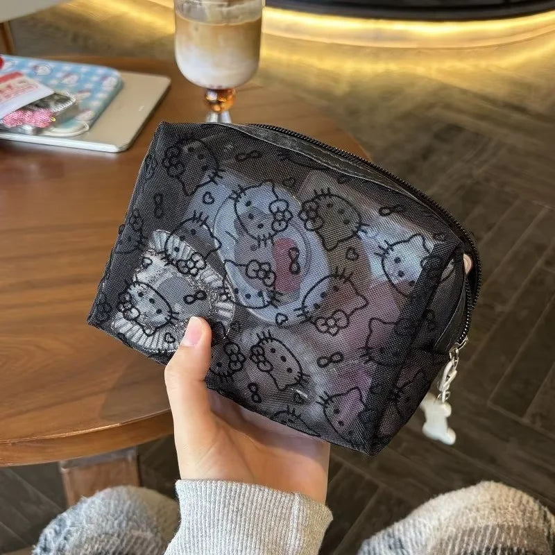 Black Mesh Cute Makeup Bag Portable Cosmetic Pouch Large Capacity Travel Toiletry Organizer