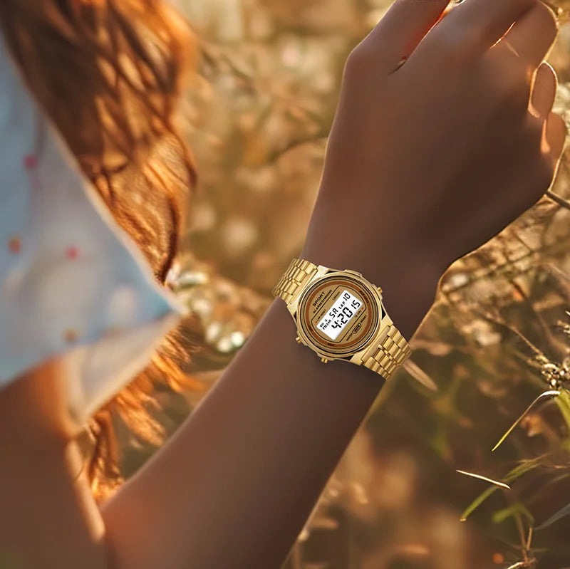 Women Casual LED Electronic Watch Retro Stainless Steel Strap Ladies LED Digital Watch Multifunction Sports Wristwatch Clock
