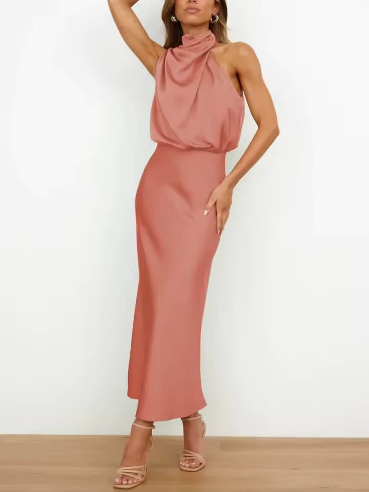 Halter High Neck Draped Satin Midi Dress – Blouson Elegance