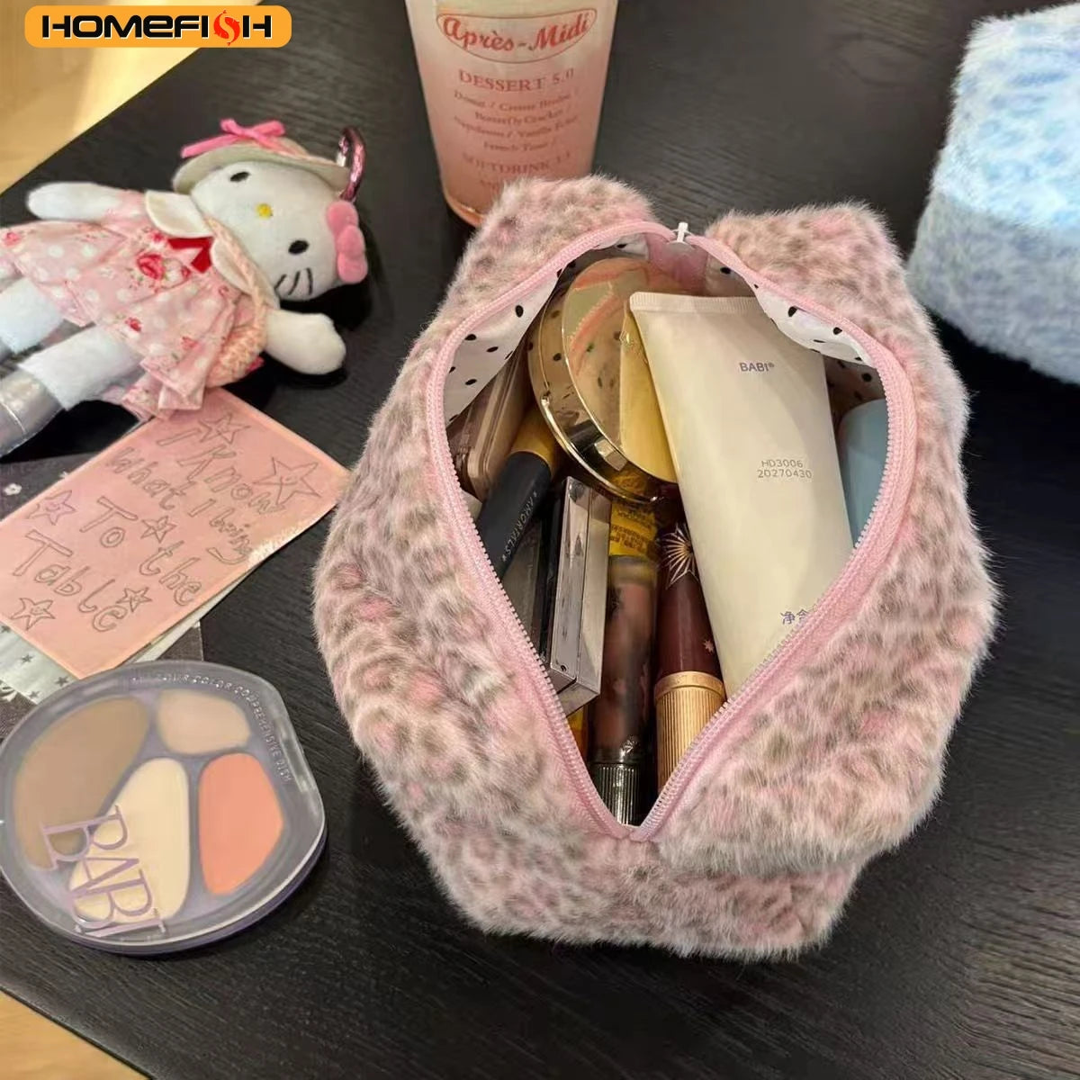 HOMEFISH Durable Fuzzy Makeup Bag Large Capacity Leopard Print Toiletry Organizer Portable Cosmetic Bag Girls Travel Storage