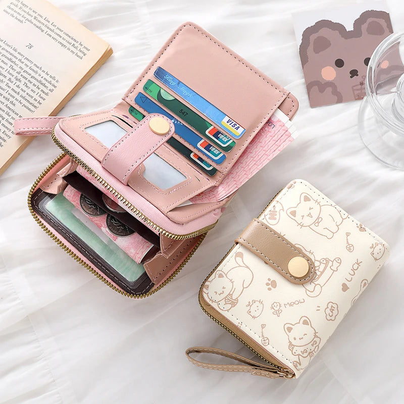 Cute Cat Wallets for Women Card Holder Small Purses with Zip Coin Pocket High Quality Square Hand Bags