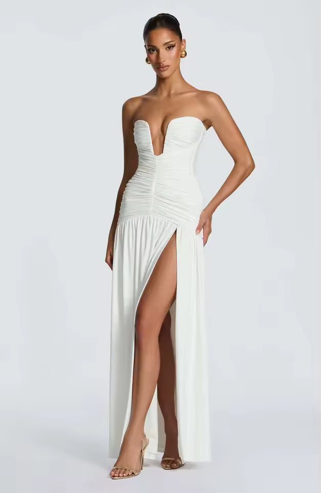 Ruched Plunge Maxi Dress – Strapless Gown