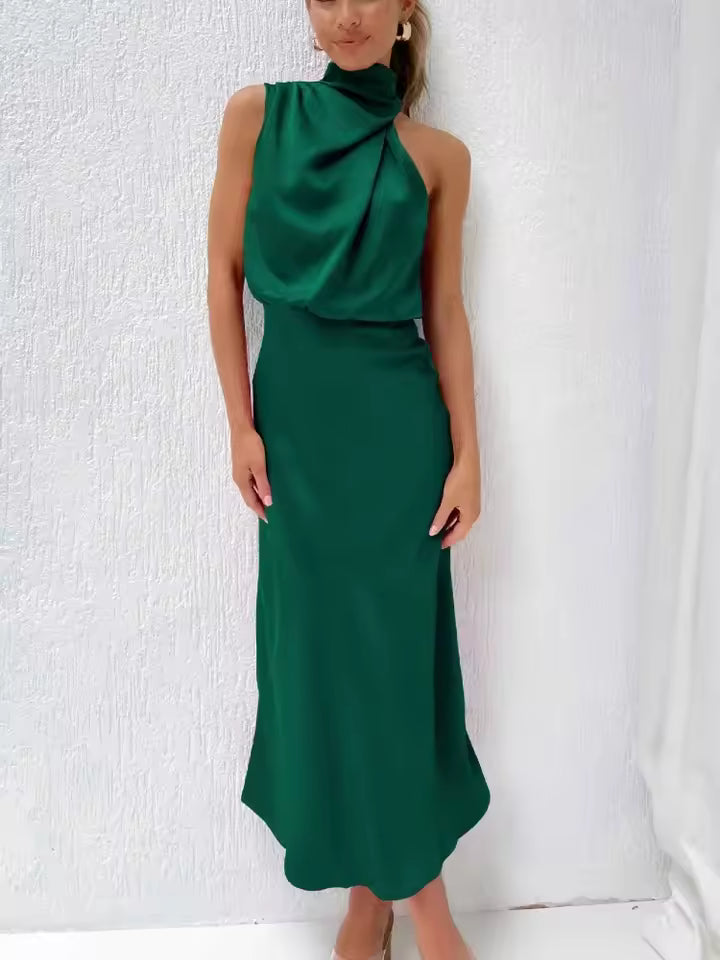 Halter High Neck Draped Satin Midi Dress – Blouson Elegance
