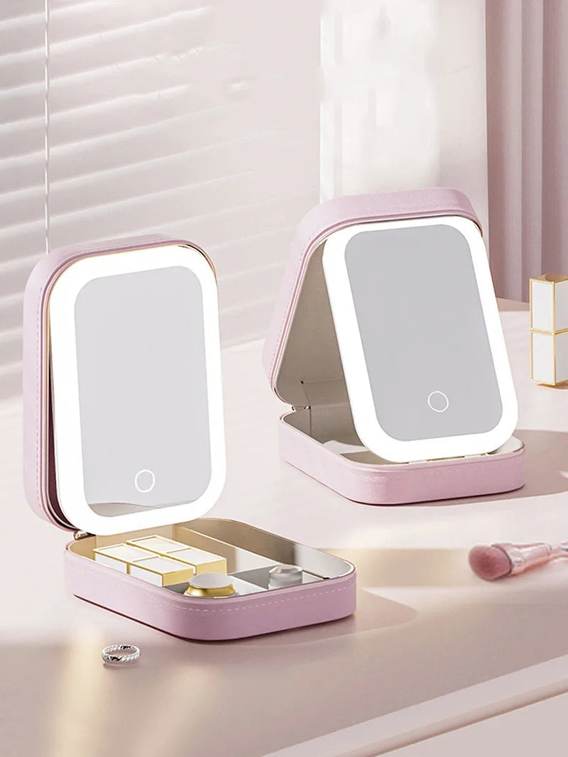 LED Makeup Bag With Mirror For Women Portable Cosmetic Storage Bag Small Lipstick Brush Wireless Makeup Box With Light