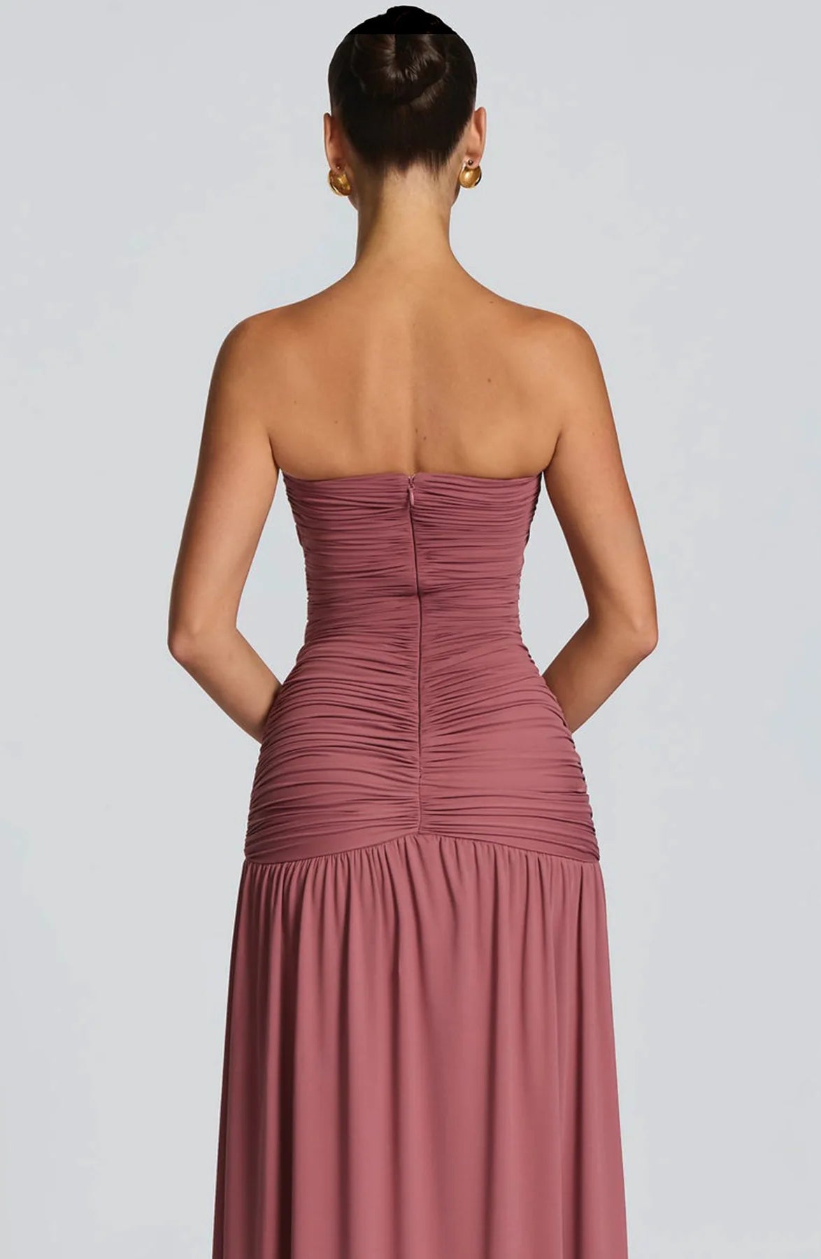 Ruched Plunge Maxi Dress – Strapless Gown