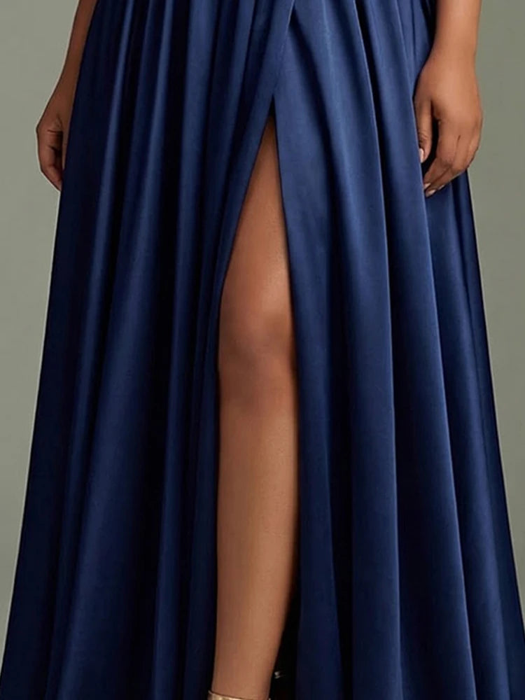 Elegant Navy Satin Evening Gown – Deep V-Neck Puff Sleeve Maxi Dress