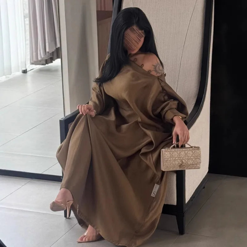Luxury Satin Off-Shoulder Maxi Dress – Elegant Evening & Wedding Guest Gown